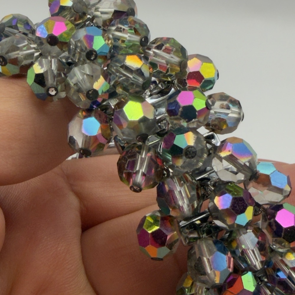 Vtg 50s Rainbow AB Crystal Cha Cha Bracelet Silver Tone Expansion